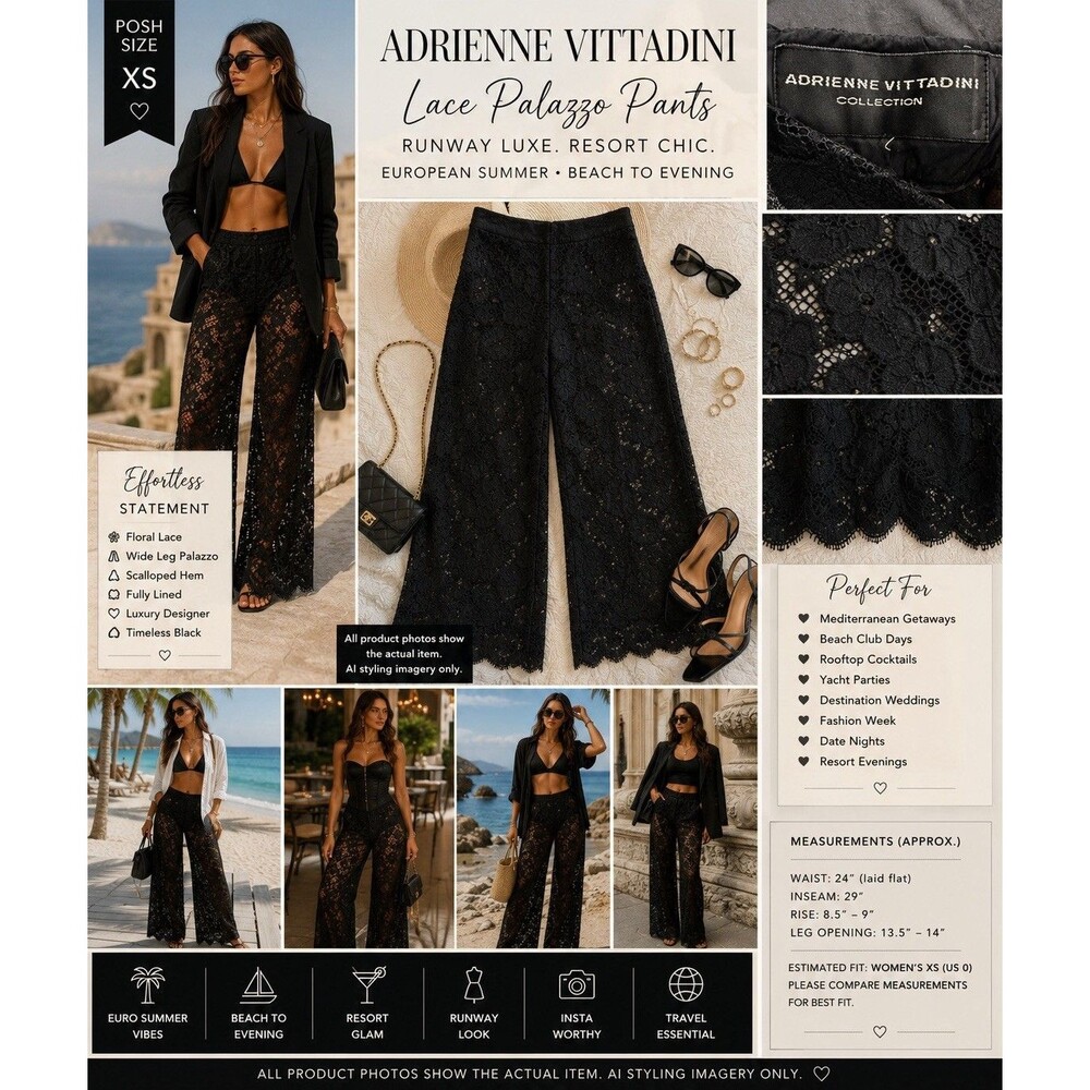 Adrienne Vittadini Black Sheer Lace Palazzo Pants XS Wide Leg Resort Glam Luxe